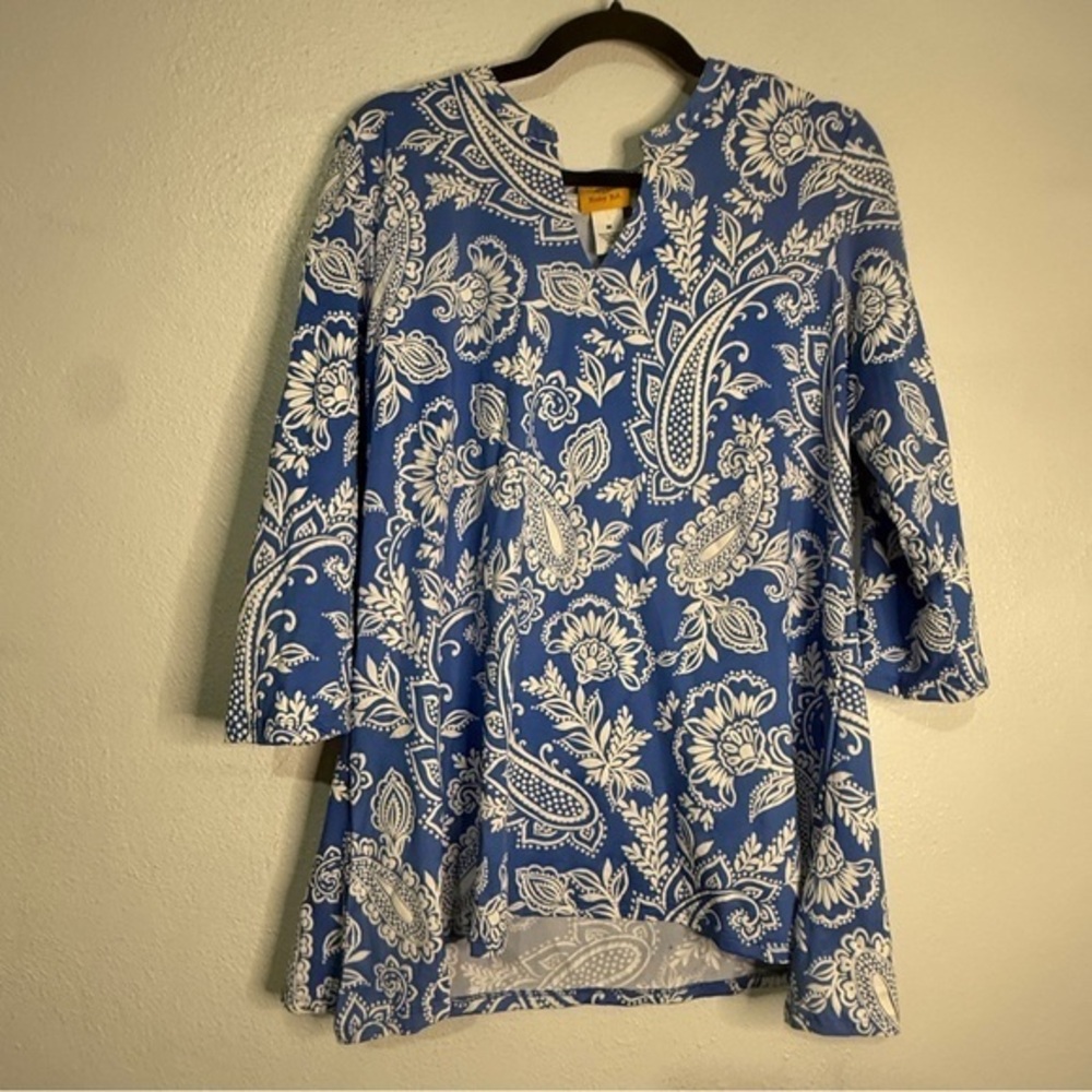 Ruby Rd. Blue and White Jacobean Puff Paisley Tunic Top. Sz M.